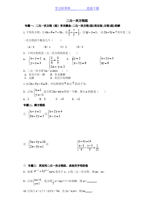 新湘教版七年级下册二元一次方程组复习与小结