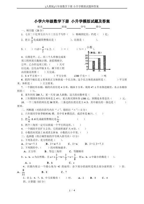 (人教版)六年级数学下册-小升学模拟试题和答案