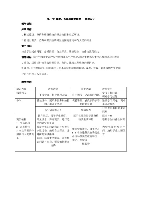 初中生物_藻类苔藓和蕨类植物教学设计学情分析教材分析课后反思