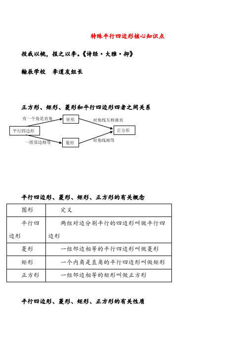 2021年北师版数学九年级上册知识归纳 特殊平行四边形核心知识点