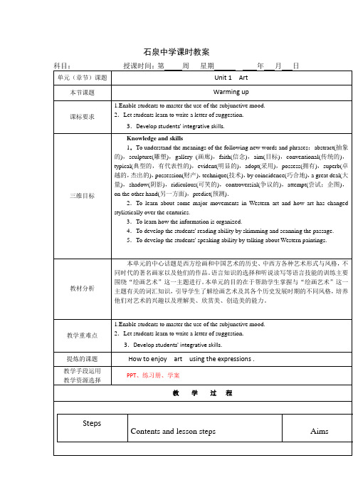 人教版高二英语选修6教案：Unit1+Art+period1.doc