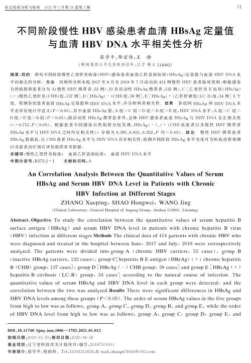 不同阶段慢性HBV感染患者血清HBsAg定量值与血清HBV DNA水平相关性分析