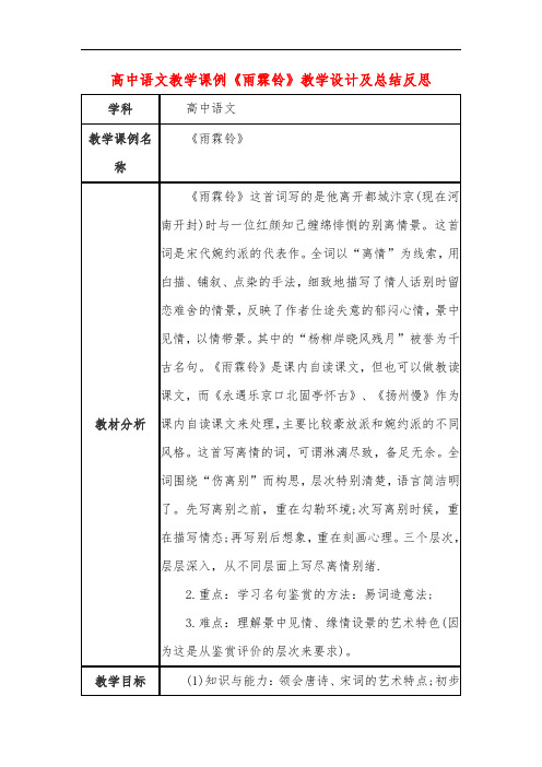 高中语文教学课例《雨霖铃》课程思政核心素养教学设计及总结反思