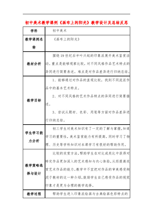 初中美术教学课例《画布上的阳光》课程思政核心素养教学设计及总结反思