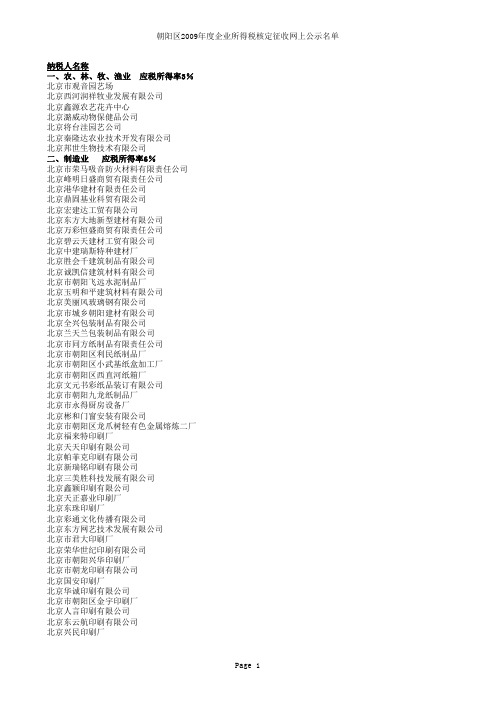 朝阳区2009年度企业所得税核定征收网上公示名单