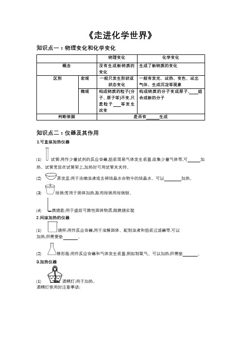 人教版九年级化学寒假知识点练习《走进化学世界》