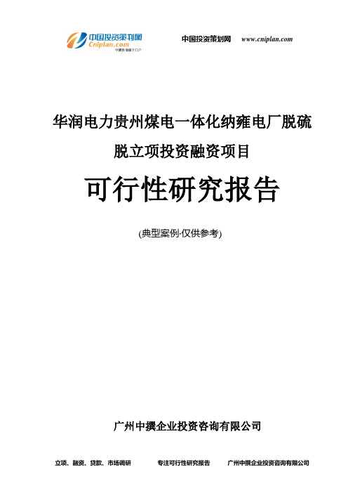 华润电力贵州煤电一体化纳雍电厂脱硫脱融资投资立项项目可行性研究报告(中撰咨询)