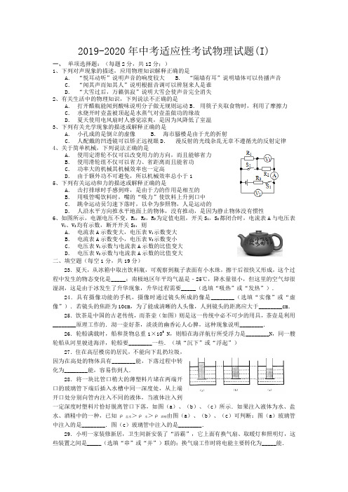 2019-2020年中考适应性考试物理试题(I)