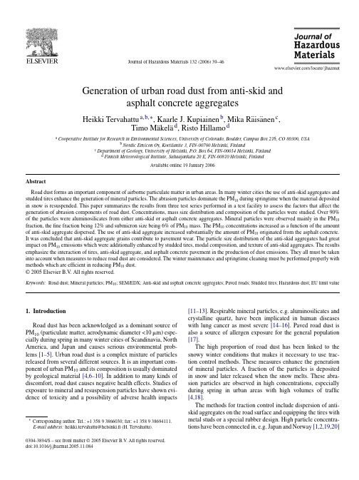 Generation of Urban Road Dust from Anti-skidand Asphalt Concrete Aggregates