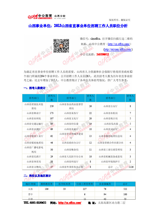 山西事业单位：2013山西省直事业单位招聘工作人员职位分析