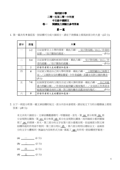 阅读测验五12PP答案