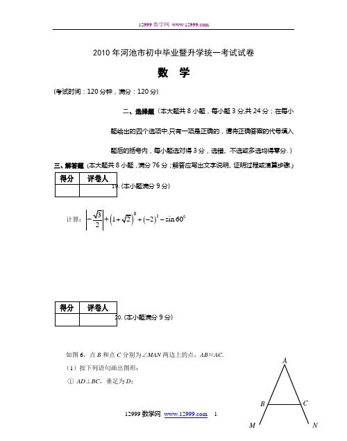 广西省河池市2010年中考数学试题(含答案)