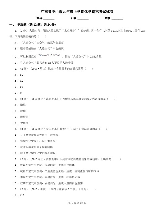 广东省中山市九年级上学期化学期末考试试卷