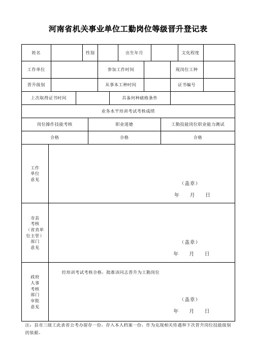 河南省机关事业单位工勤岗位等级晋升登记表