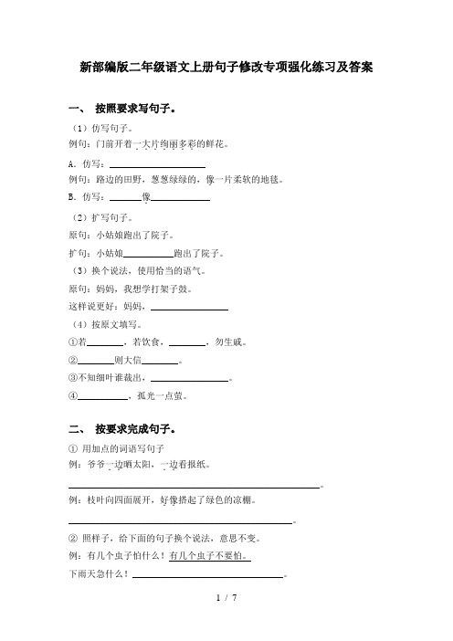 新部编版二年级语文上册句子修改专项强化练习及答案