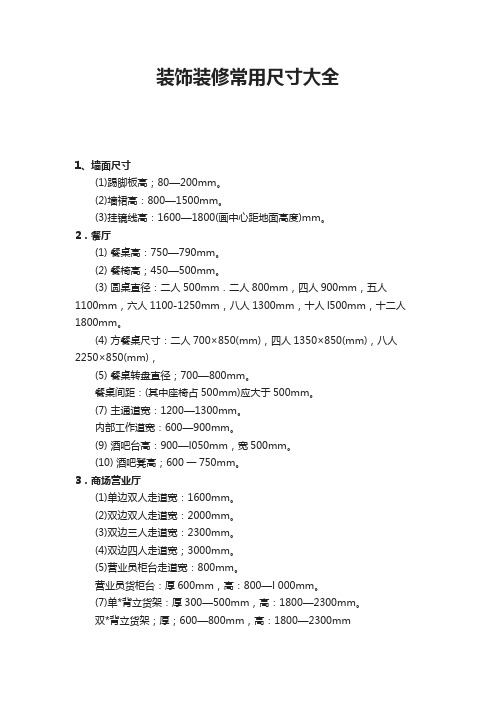 装饰装修常用尺寸大全