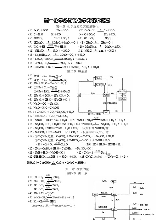 高一化学必背的化学方程式汇总