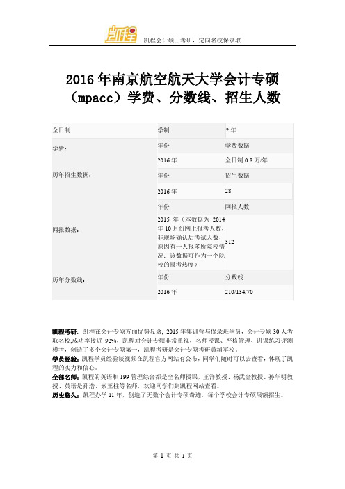 2016年南京航空航天大学会计专硕(mpacc)学费、分数线、招生人数