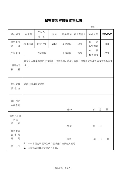 秘密事项密级确定审批表