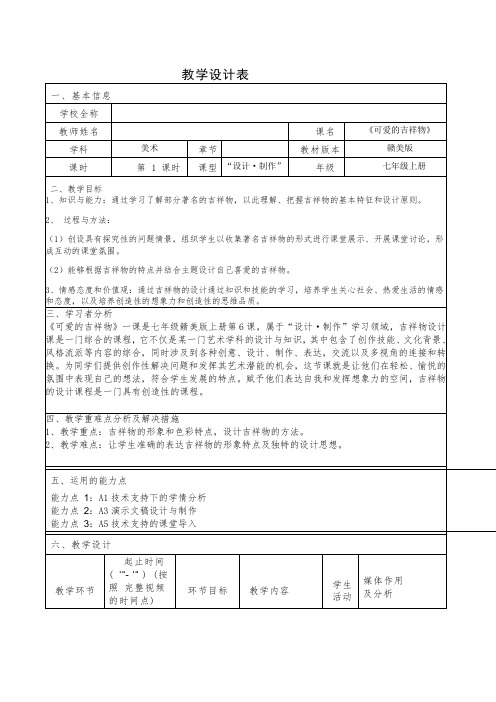 学科教学融合创新示范课例七年级美术可爱的吉祥物教学设计表