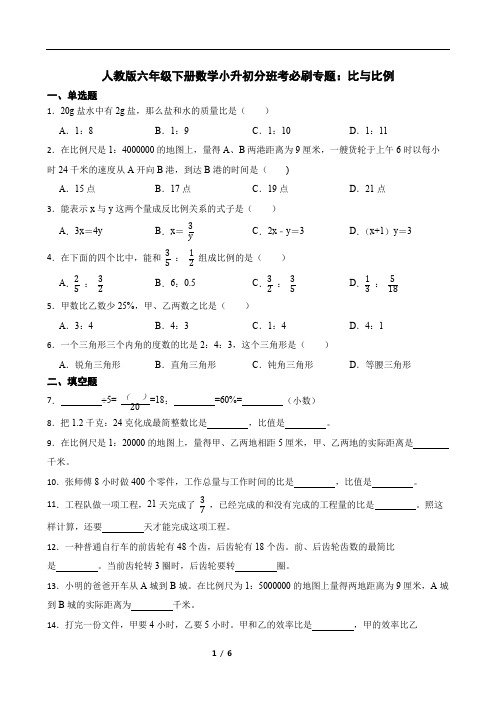 人教版六年级下册数学小升初分班考必刷专题：比与比例