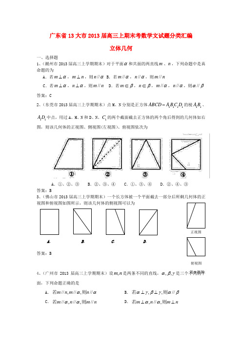 广东省13大市2013届高三数学上学期期末试题分类汇编 立体几何 文 新人教A版