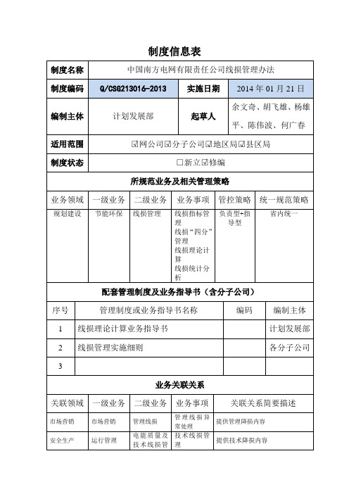 有限责任公司线损管理办法(制度信息表)