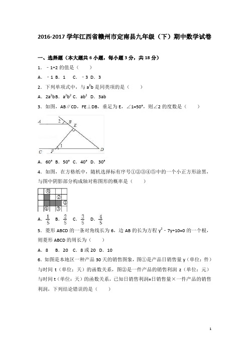 江西省赣州市定南县2017届九年级(下)期中数学试卷(解析版)