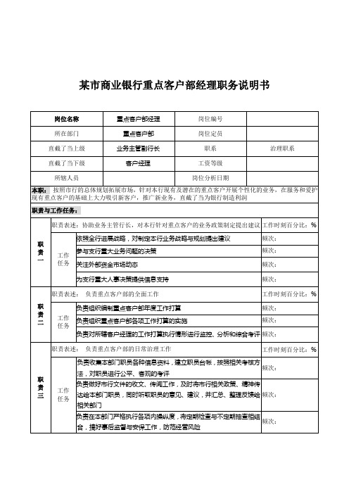 某市商业银行重点客户部经理职务说明书