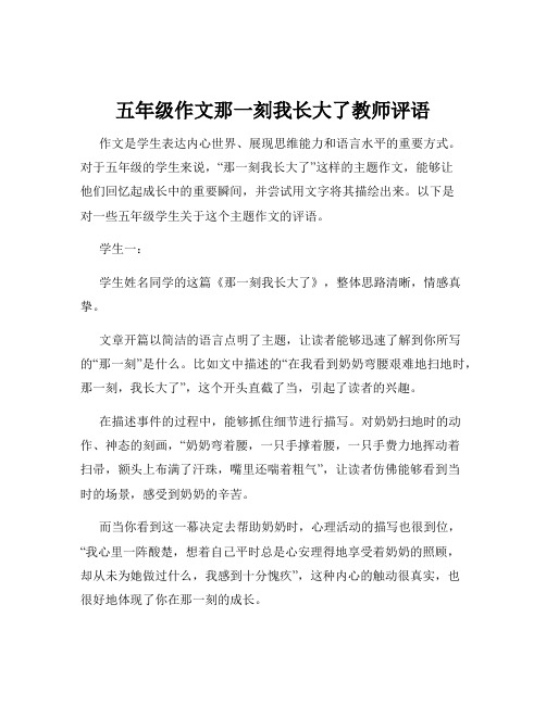 五年级作文那一刻我长大了教师评语