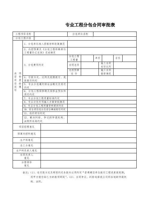 专业分包合同审批表