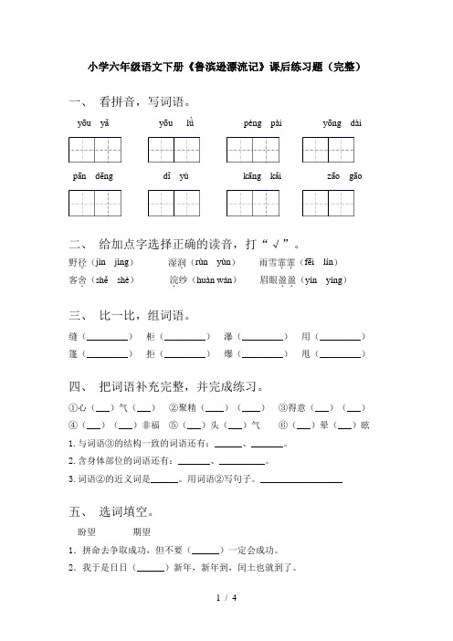 小学六年级语文下册《鲁滨逊漂流记》课后练习题(完整)