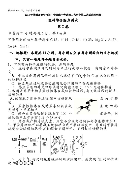 陕西省西工大附中2013届高三上学期第二次适应性训练理综试题 含答案