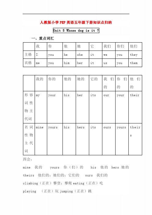 【人教版】小学PEP英语五年级下册第五单元知识点归纳