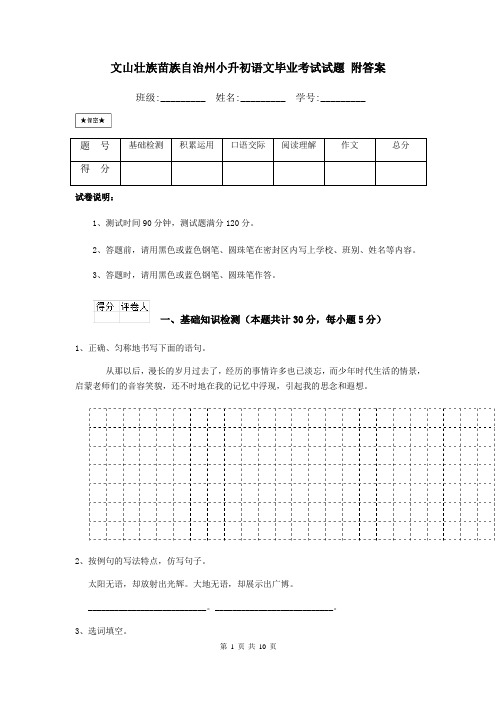 文山壮族苗族自治州小升初语文毕业考试试题-附答案