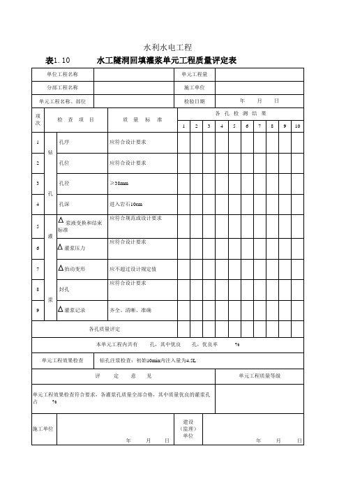 水工隧洞回填灌浆单元工程质量评定表1.10