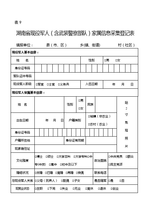 湖南省现役军人(含武装警察部队)家属信息采集登记表