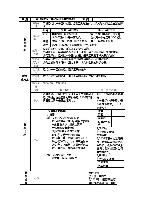 高一历史教案 5.2 交通工具和通讯工具的进步 3(人教版必修2)
