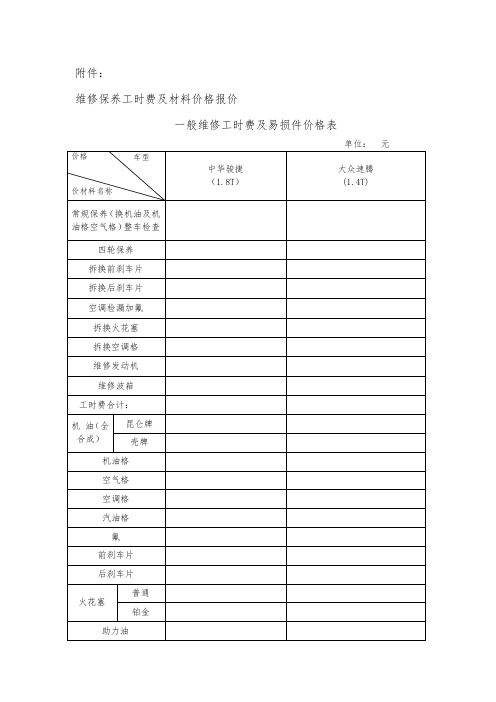 一般维修工时费及易损件价格表