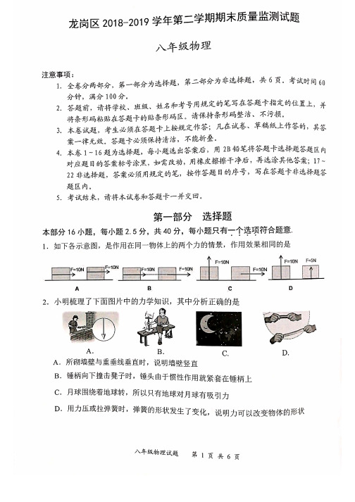 广东省深圳市龙岗区2018-2019学年八年级下学期期末考试物理试题及参考答案