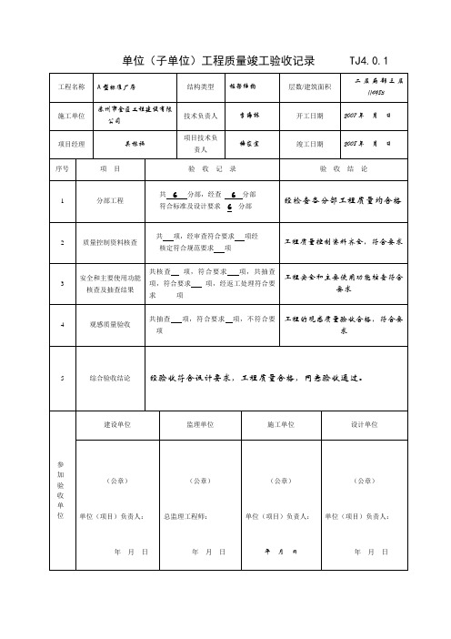 TJ4.0.1             单位(子单位)工程质量竣工验收记录