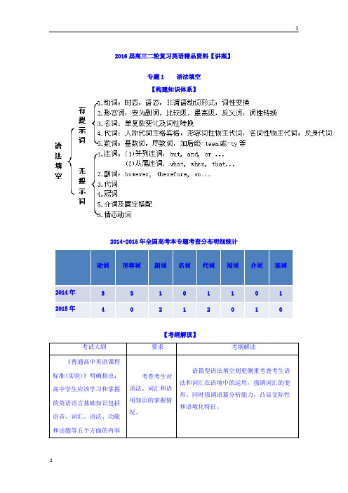 2016届高三二轮复习英语精品资料 专题01 语法填空(讲) Word版含解析