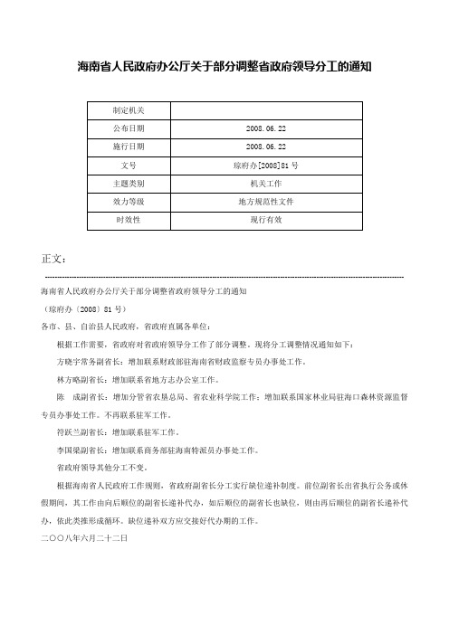 海南省人民政府办公厅关于部分调整省政府领导分工的通知-琼府办[2008]81号