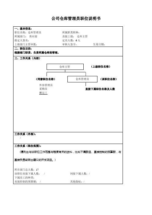 某大型汽车零部件公司供应部仓库管理员职位说明书