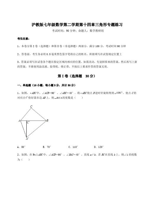 2022年最新沪教版七年级数学第二学期第十四章三角形专题练习试卷(精选)