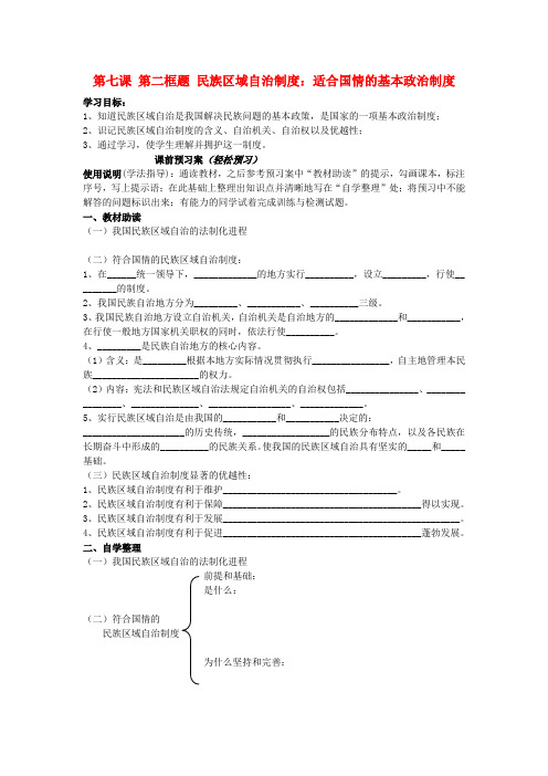 高中政治 7.2 民族区域自治制度 适合国情的基本政治制度导学案新人教版必修2