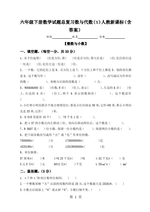 六年级下册数学试题总复习数与代数(1)人教新课标(含答案)