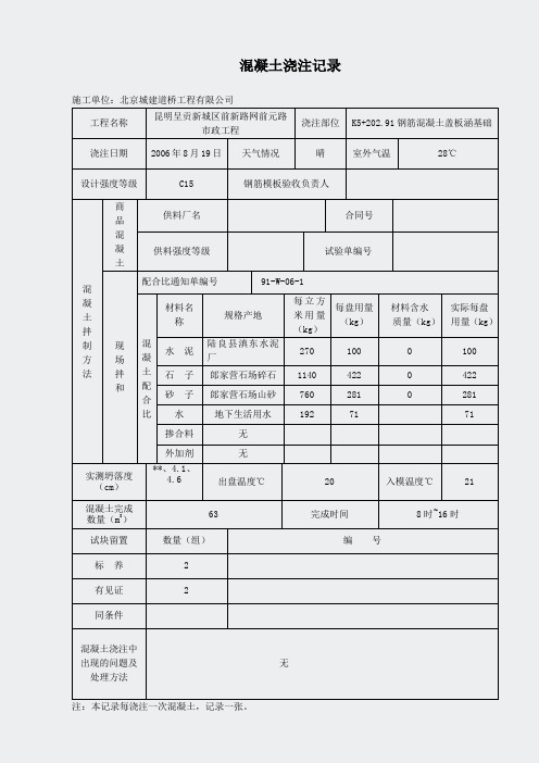 各类表格-试验上报资料-混凝土浇注记1