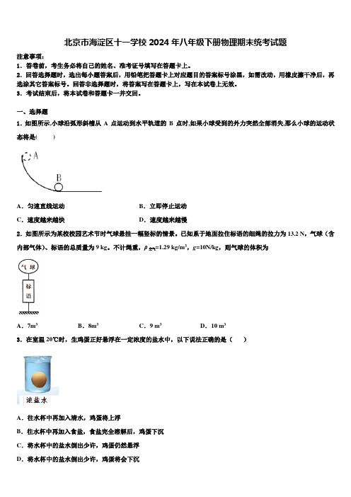 北京市海淀区十一学校2024年八年级下册物理期末统考试题含解析