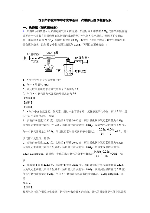 深圳华侨城中学中考化学最后一次模拟压题试卷解析版